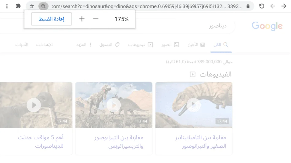 نافذة في متصفِّح Chrome تفتح صفحة ويب تعرض وظيفة 'تصغير : تكبير' وهي نشطة