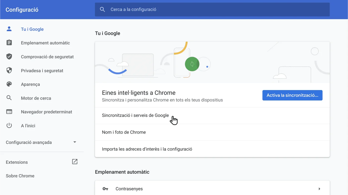 Finestra de la configuració del navegador Chrome que mostra el menú d'opcions Tu i Google.