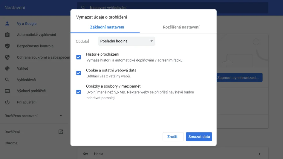 Okno nastavení prohlížeče Chrome s nabídkou možností vymazání údajů o prohlížení.