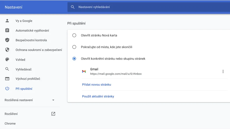 Okno nastavení prohlížeče Chrome s nabídkou možností Při spuštění.
