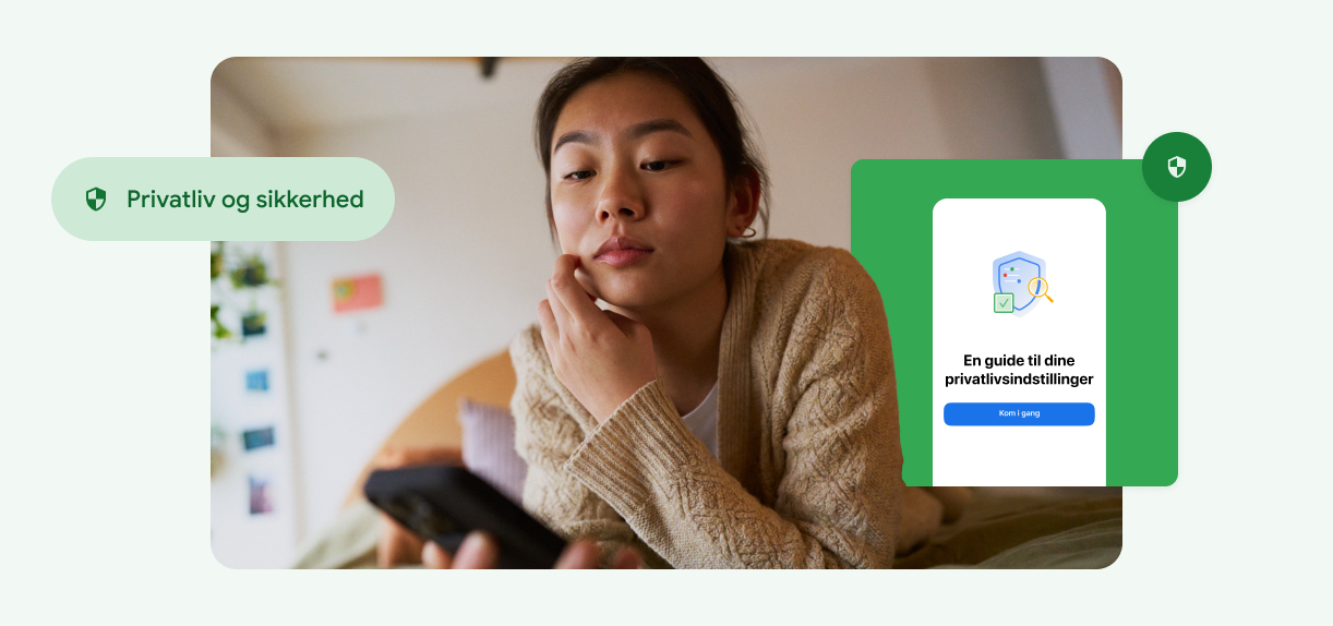 En kvinde rører ved sit ansigt og kigger på sin telefon.