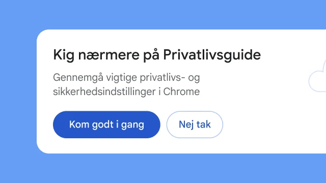 Et isoleret modul spørger, om brugeren vil gennemgå Chromes Privatlivsguide.