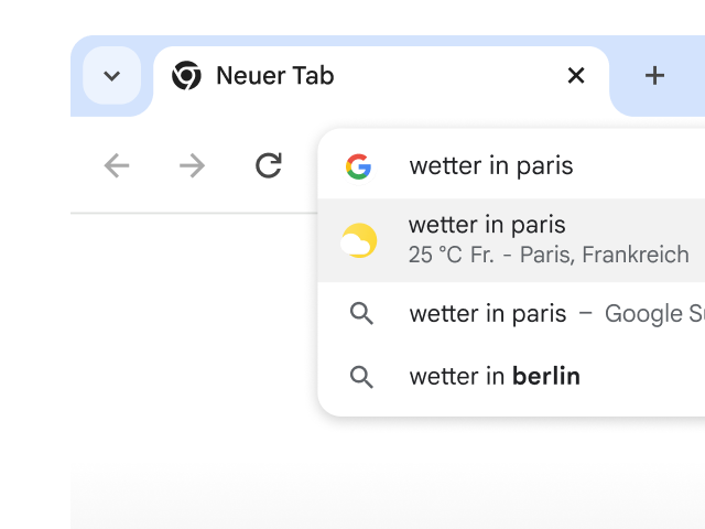 Ein Nutzer hat in die Adressleiste von Chrome „Wetter in Paris“ eingegeben und sofort Suchergebnisse erhalten.