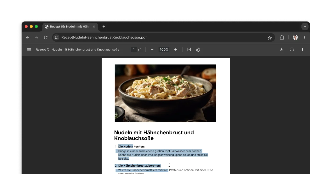 In einem Chrome-Browserfenster ist ein PDF mit einem Rezept geöffnet. Im PDF ist Text ausgewählt.