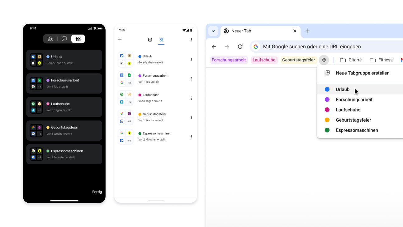 Tabgruppen auf iOS-, Android- und Desktop-Geräten