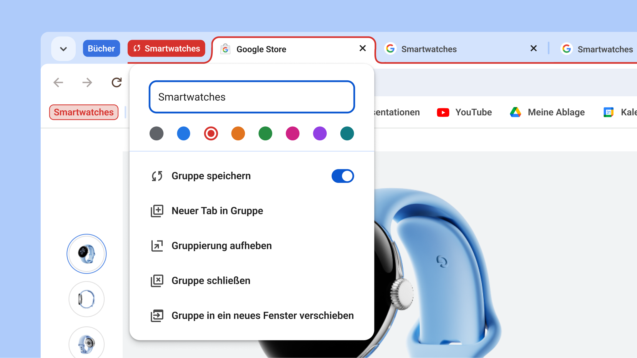 Geöffnetes Menü für Tabgruppen, bei dem die neuen Optionen „Gruppe speichern“ und „Gruppe ausblenden“ angezeigt werden.