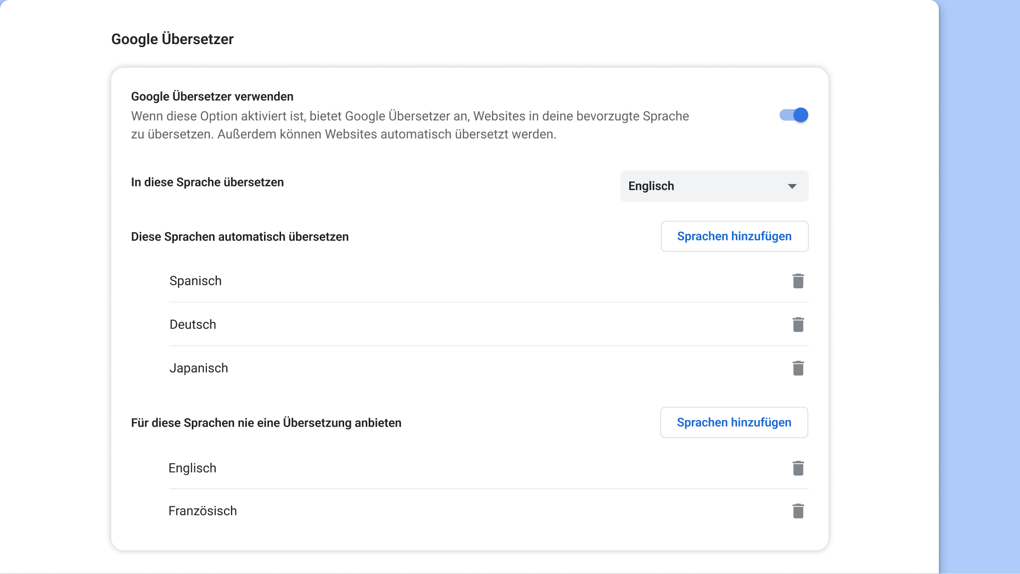 Einstellungsseite für Google Übersetzer in Chrome