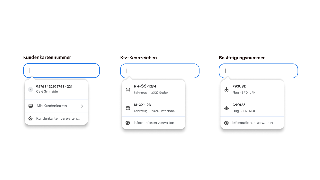 Autofill-Funktion zum Ausfüllen von Kundenkartendetails, Fahrzeugdaten und Fluginformationen
