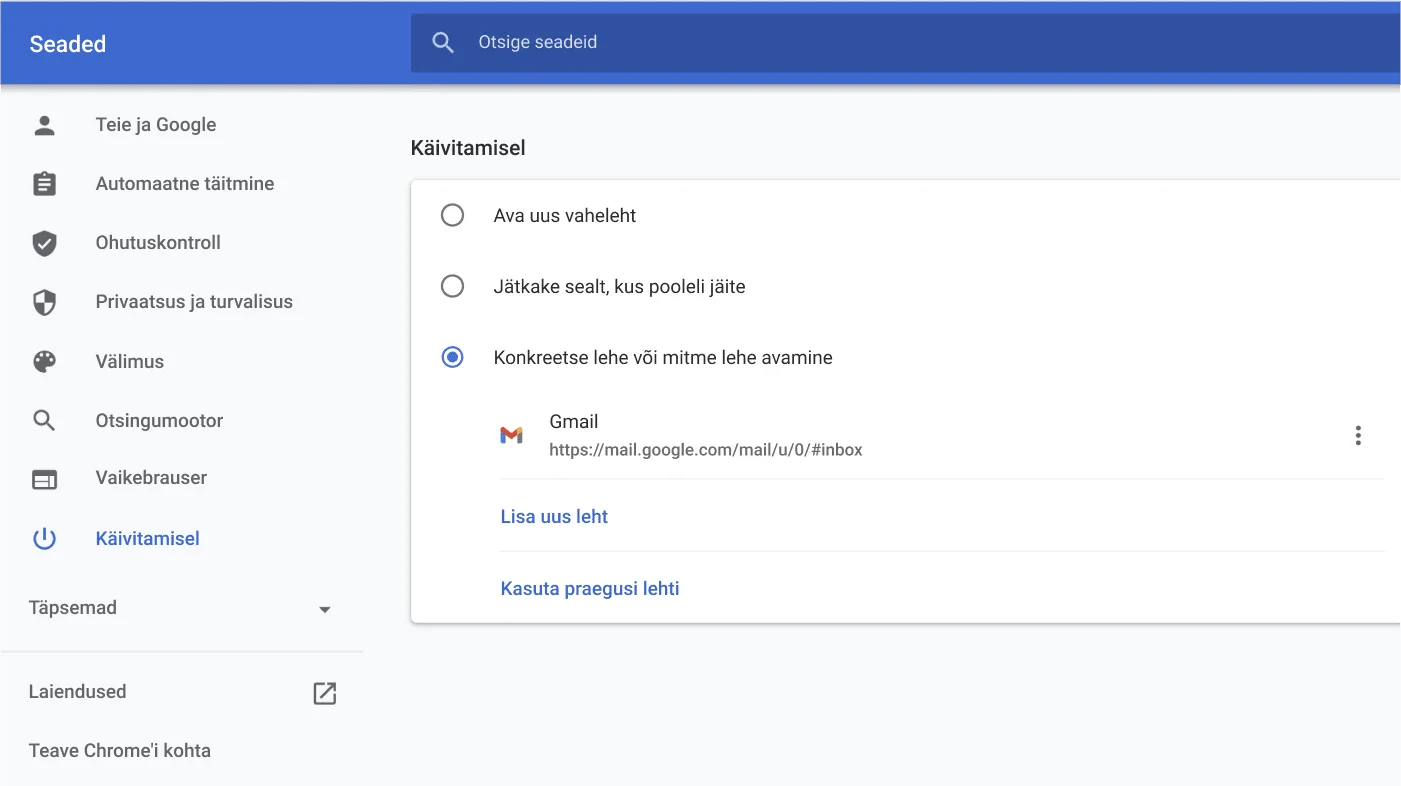 Chrome’i brauseri seadete aken, milles on kuvatud valikute menüü Käivitamisel.