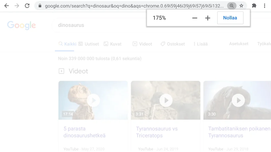 Chrome-selainikkunassa näkyvä avoin verkkosivu, jossa zoomaustoiminto on aktiivisena.