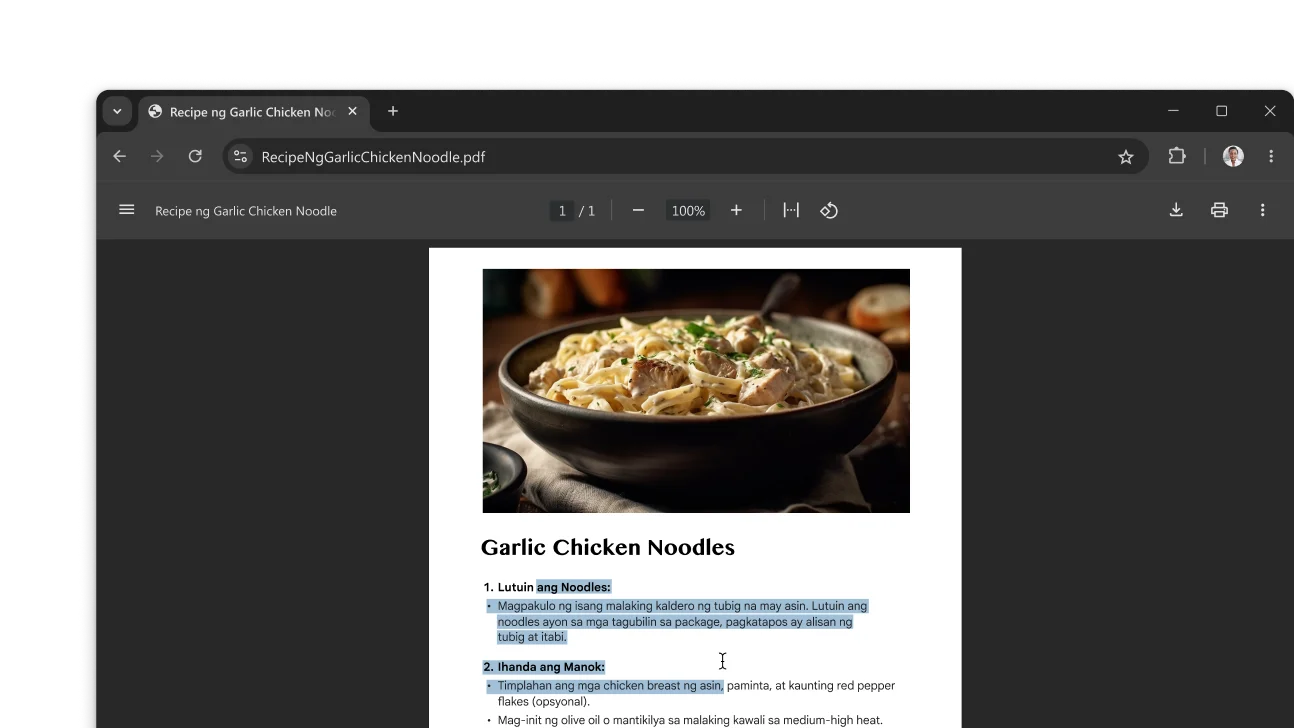 Nakabukas ang PDF na nagtatampok ng recipe sa window ng Chrome browser. Pumili ang user ng text sa PDF.