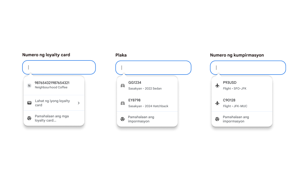 Experience ng user sa autofill para sa pagpunan ng mga loyalty card, impormasyon ng sasakyan, at impormasyon ng flight.