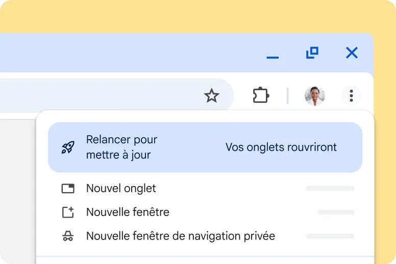 Interface de Chrome indiquant qu'une mise à jour est disponible