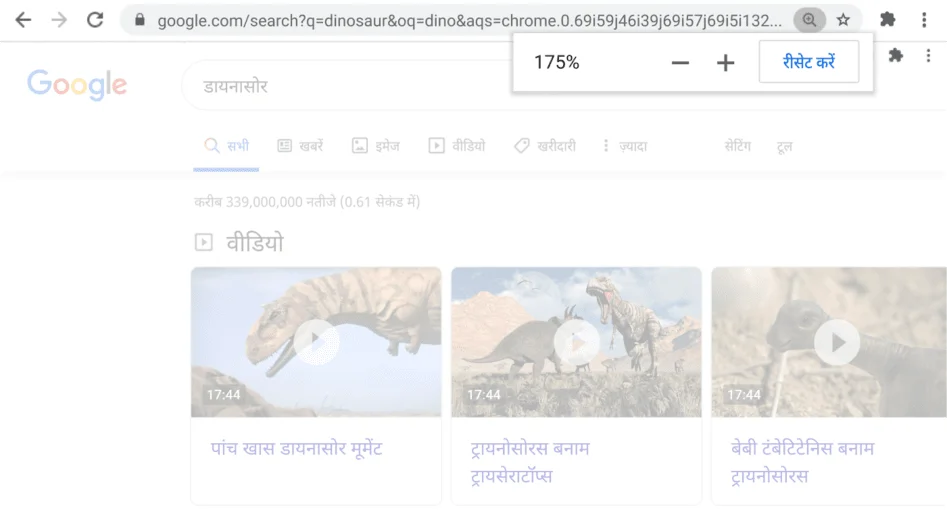 Chrome ब्राउज़र की विंडो में एक वेबपेज खुला है, जिस पर 'ज़ूम करें' फ़ंक्शन चालू है.
