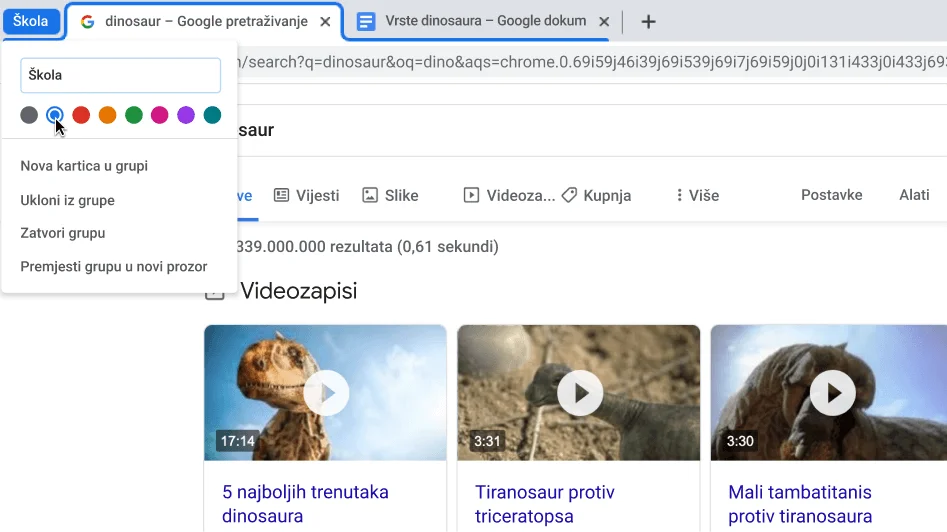 Prozor preglednika Chrome s dijaloškim okvirom koji prikazuje imenovanje grupe kartica