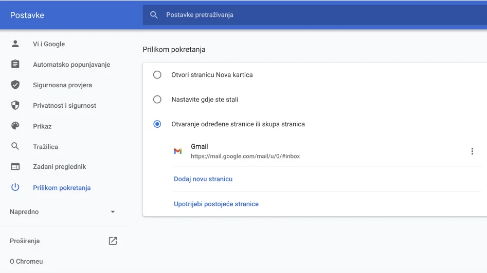 Prozor s postavkama preglednika Chrome u kojem se prikazuje izbornik 
