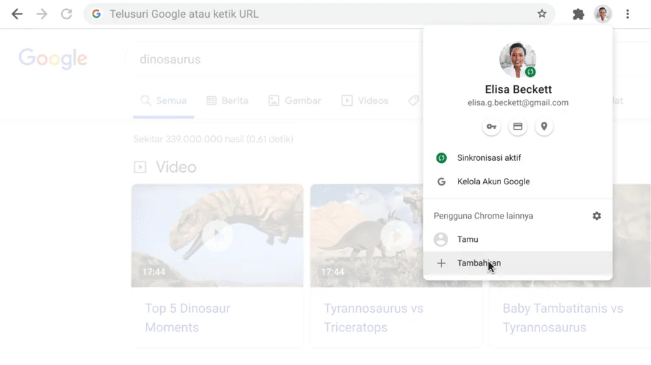 Jendela browser Chrome dengan kotak dialog Profil yang terbuka.