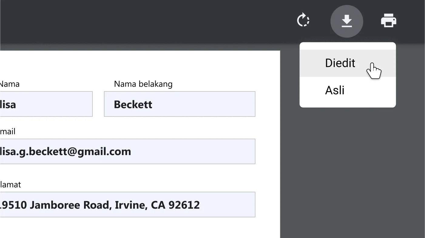 Jendela browser Chrome dengan dokumen PDF yang terbuka, diperbesar pada menu opsi download dan cetak.