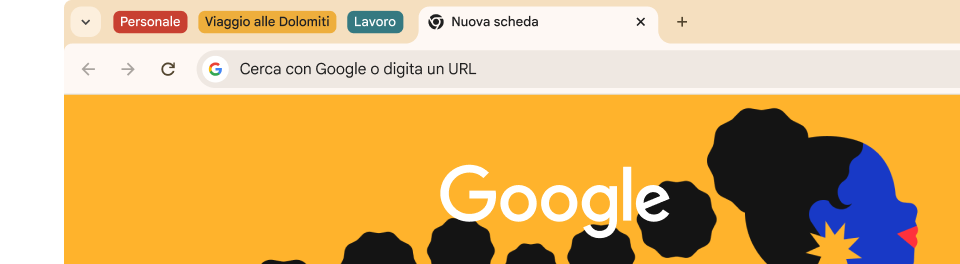 UI di un browser con tre gruppi di schede: Personale, Viaggio al parco nazionale degli Arches e Lavoro.
