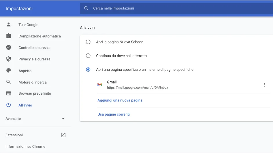 Finestra di impostazioni del browser Chrome in cui è mostrato il menu Opzioni all'avvio.