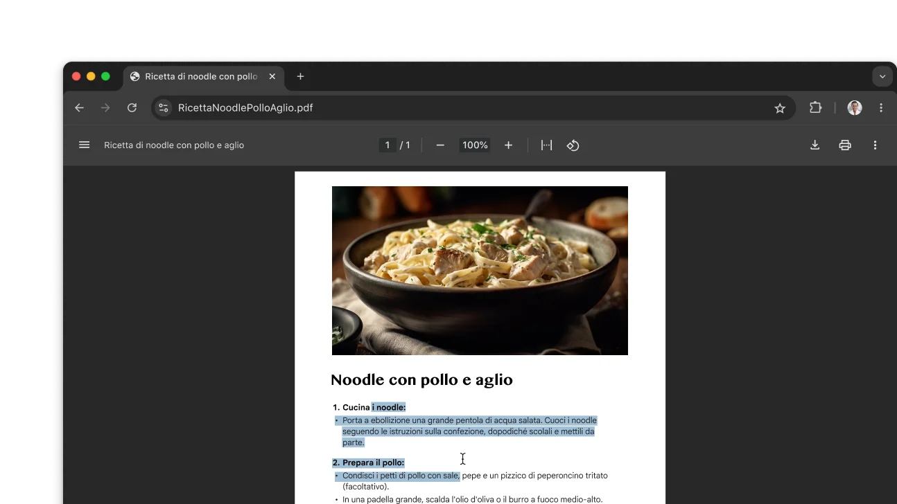 Un PDF con una ricetta è aperto in una finestra del browser Chrome. L'utente ha selezionato del testo all'interno del PDF.