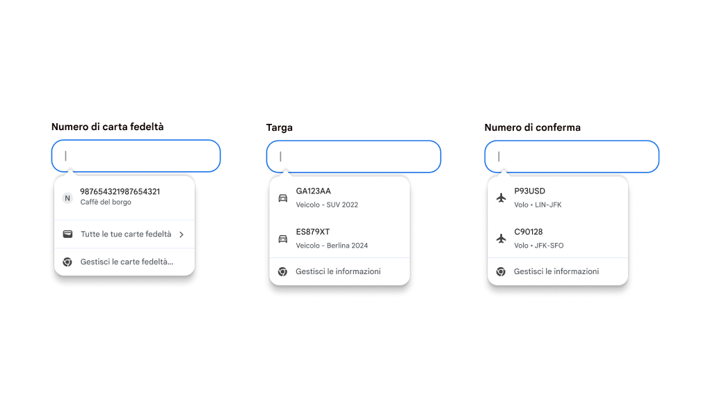 Esperienza utente con compilazione automatica per l'inserimento di carte fedeltà, informazioni sui veicoli e dettagli dei voli.