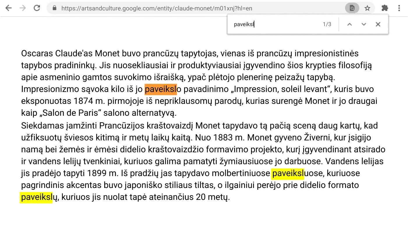 „Chrome“ naršyklės langas, kuriame atidarytas tinklalapis su suaktyvinta radimo funkcija.