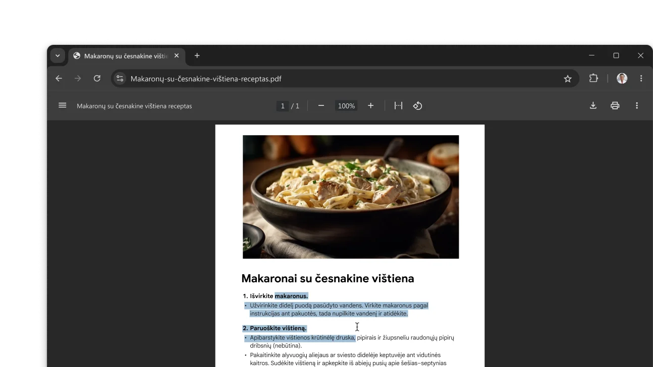 „Chrome“ naršyklės lange atidarytas PDF su receptu. Naudotojas pasirinko tekstą PDF faile.