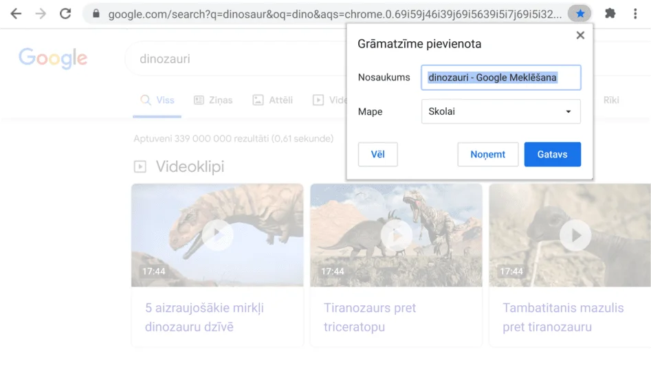 Pārlūka Chrome logs, kurā ir redzams atvērts grāmatzīmju dialoglodziņš.