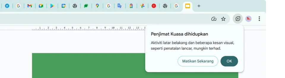 Kursor telah mengklik ikon Penjimat Tenaga, yang menjelaskan bahawa aktiviti latar dan sesetengah kesan visual telah dihadkan untuk menjimatkan memori.
