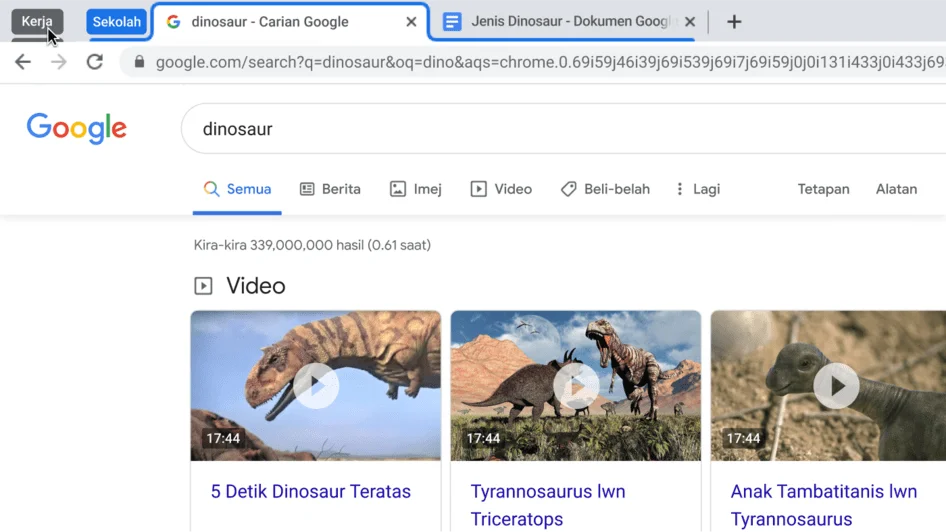 Tetingkap penyemak imbas Chrome memaparkan kumpulan tab sedang diruntuhkan.