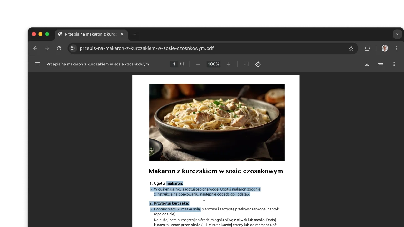W oknie przeglądarki Chrome jest otwarty plik PDF z przepisem. Użytkownik zaznaczył w nim tekst.