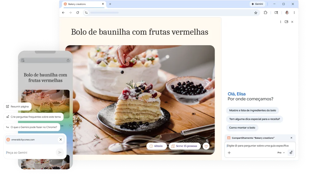 Em uma página da web com uma receita de bolo, tem um pop-up aberto, perguntando como o Gemini no Chrome pode ajudar. O recurso aparece em um dispositivo móvel e em um computador.
