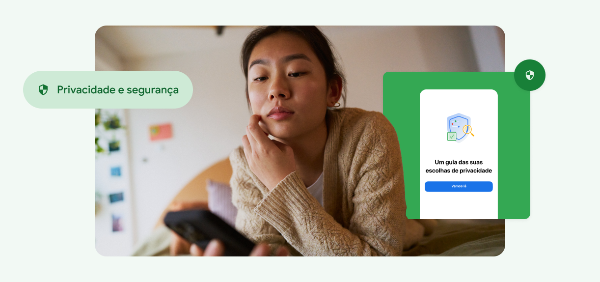 Uma mulher toca o rosto e olha para o smartphone.