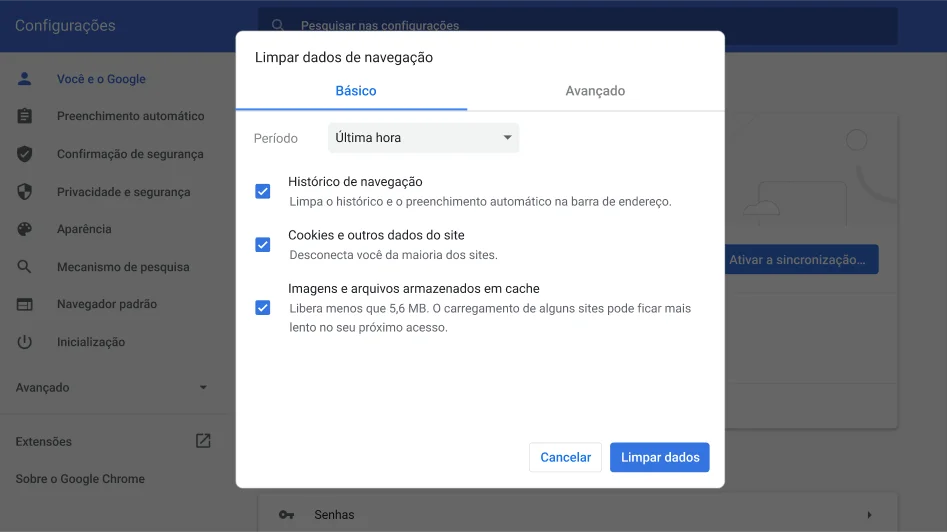 Janela de configurações do navegador Chrome mostrando o menu de opções 