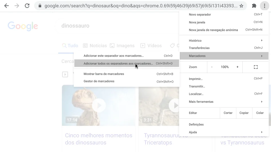 Janela do navegador Chrome com caixa de diálogo a mostrar a opção Adicionar todos os separadores aos marcadores.