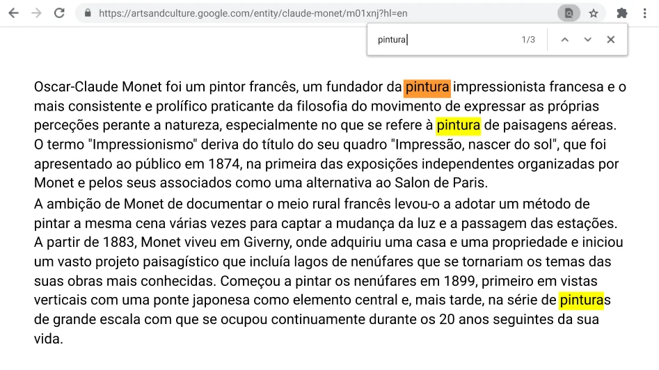 Janela do navegador Chrome aberta numa página Web com a função Localizar ativa.