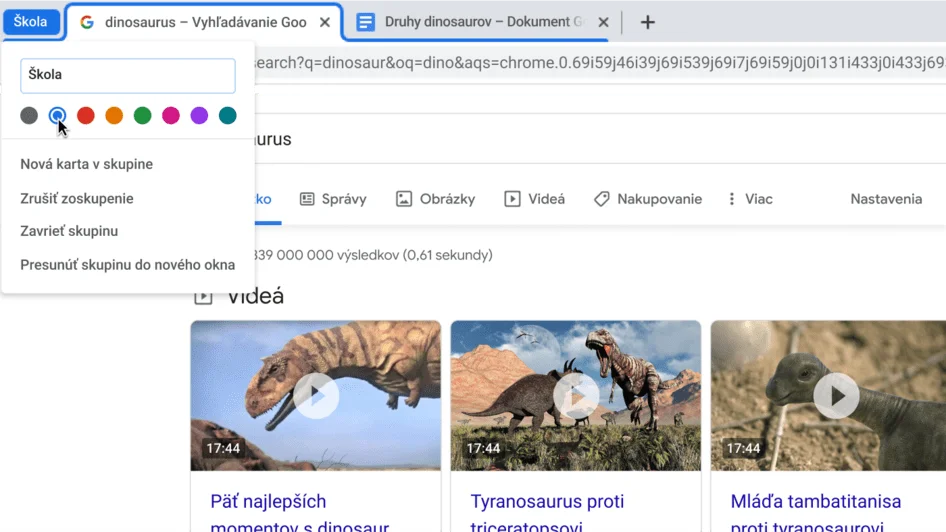 Okno prehliadača Chrome s dialógovým oknom znázorňujúcim pomenovanie skupiny kariet