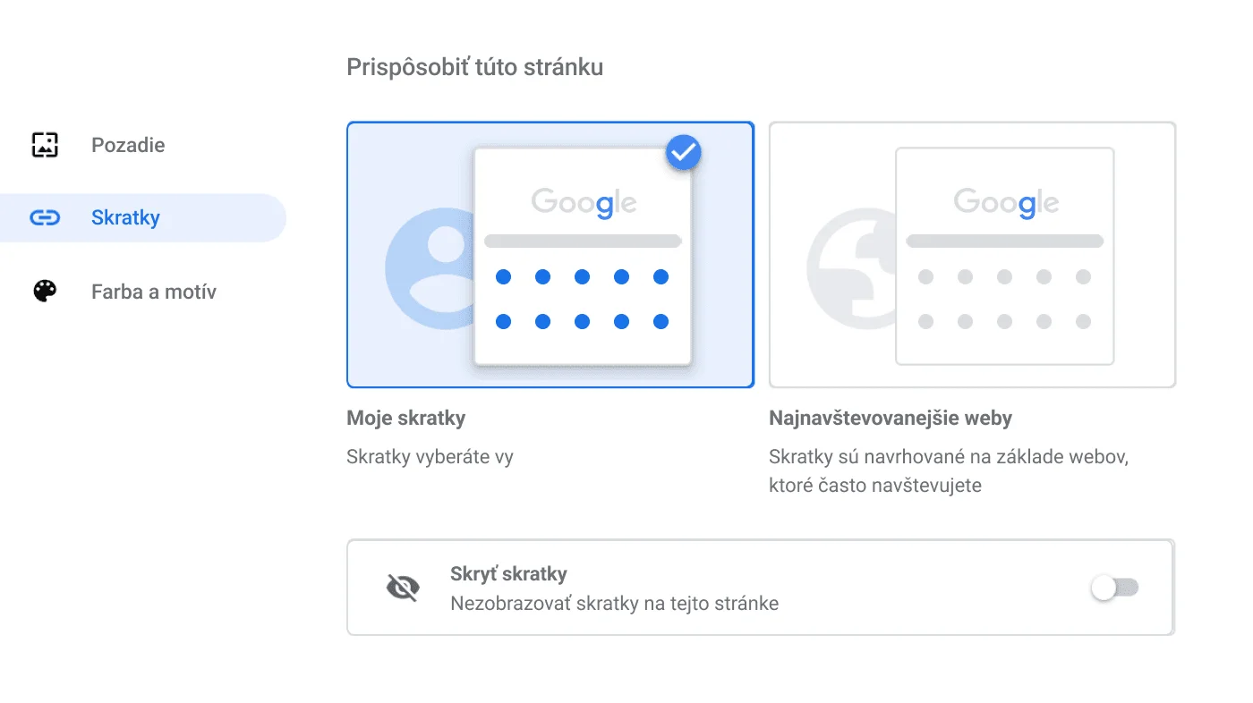 Okno nastavení prehliadača Chrome s dialógovým oknom Skratky.
