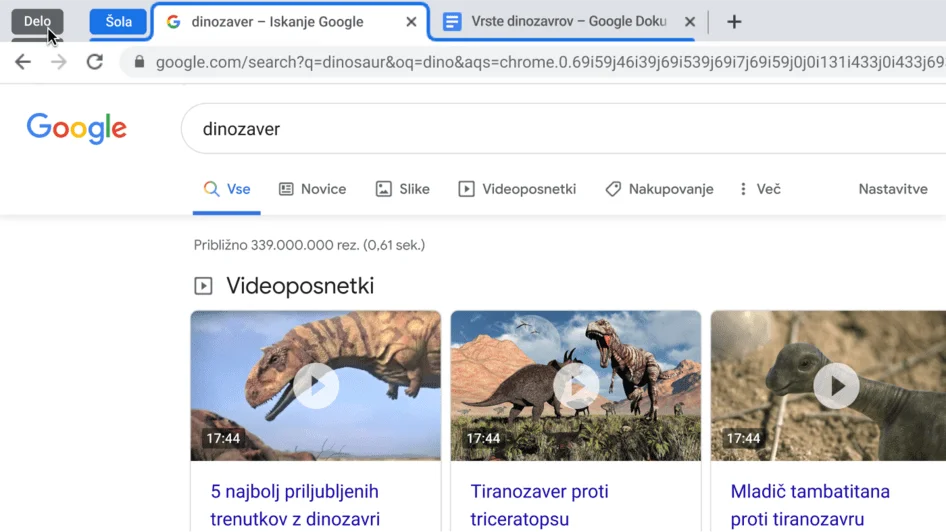 Okno v brskalniku Chrome, ki prikazuje strnitev skupine zavihkov.