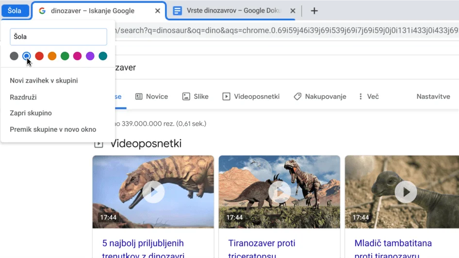 Okno v brskalniku Chrome s pogovornim oknom, ki prikazuje poimenovanje skupine zavihkov.