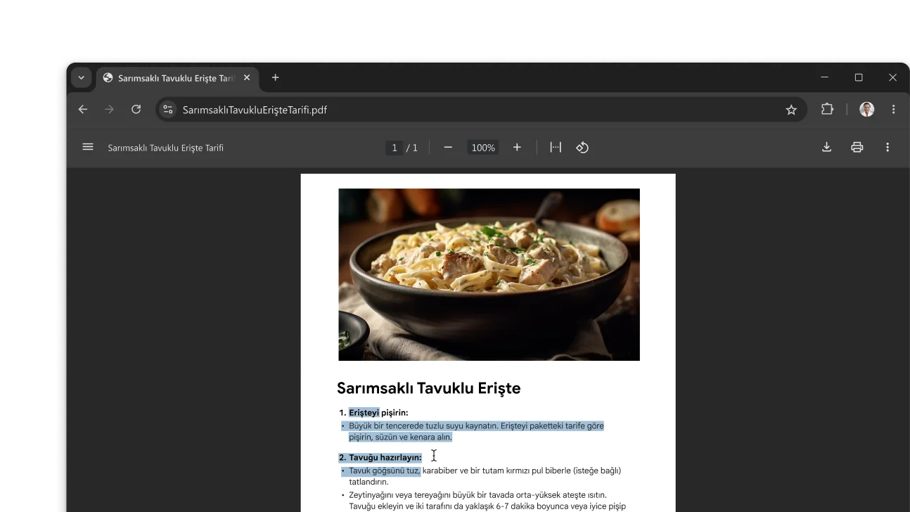 Chrome tarayıcı penceresinde yemek tarifi içeren bir PDF açık. Kullanıcı, PDF'de metin seçmiş.