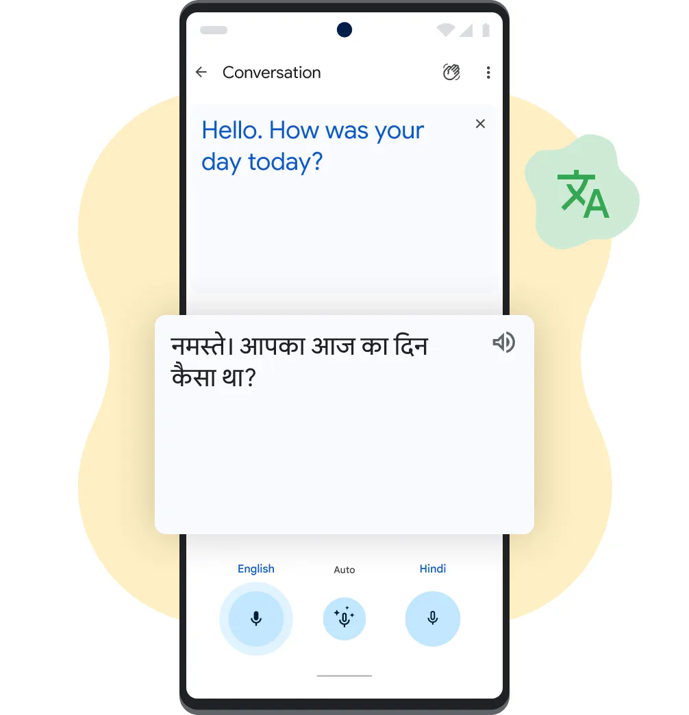Pixel phone showing Translate's Conversation function with supporting icons and illustrated shapes